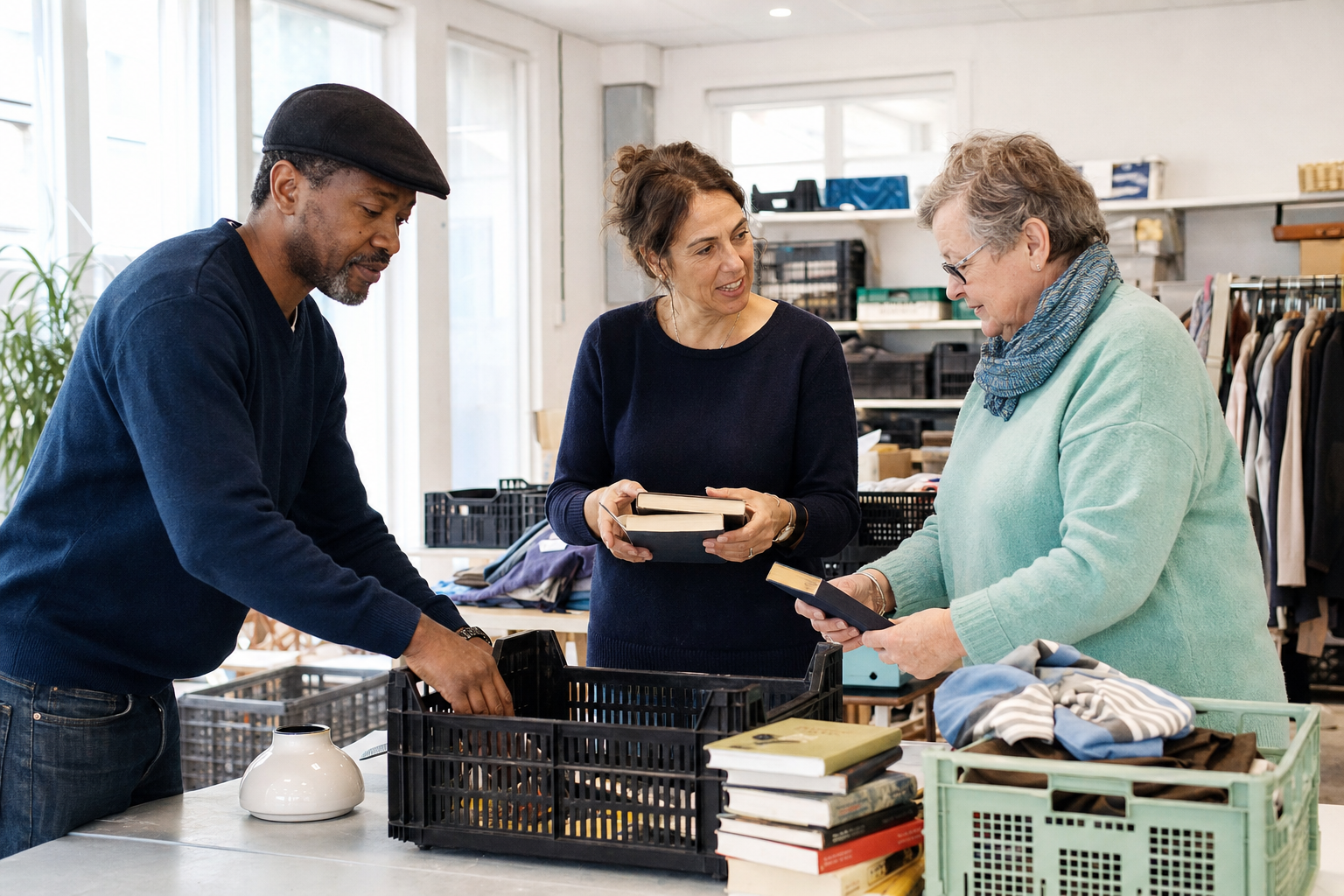 Drie vrijwilligers sorteren samen boeken en bruikbare spullen