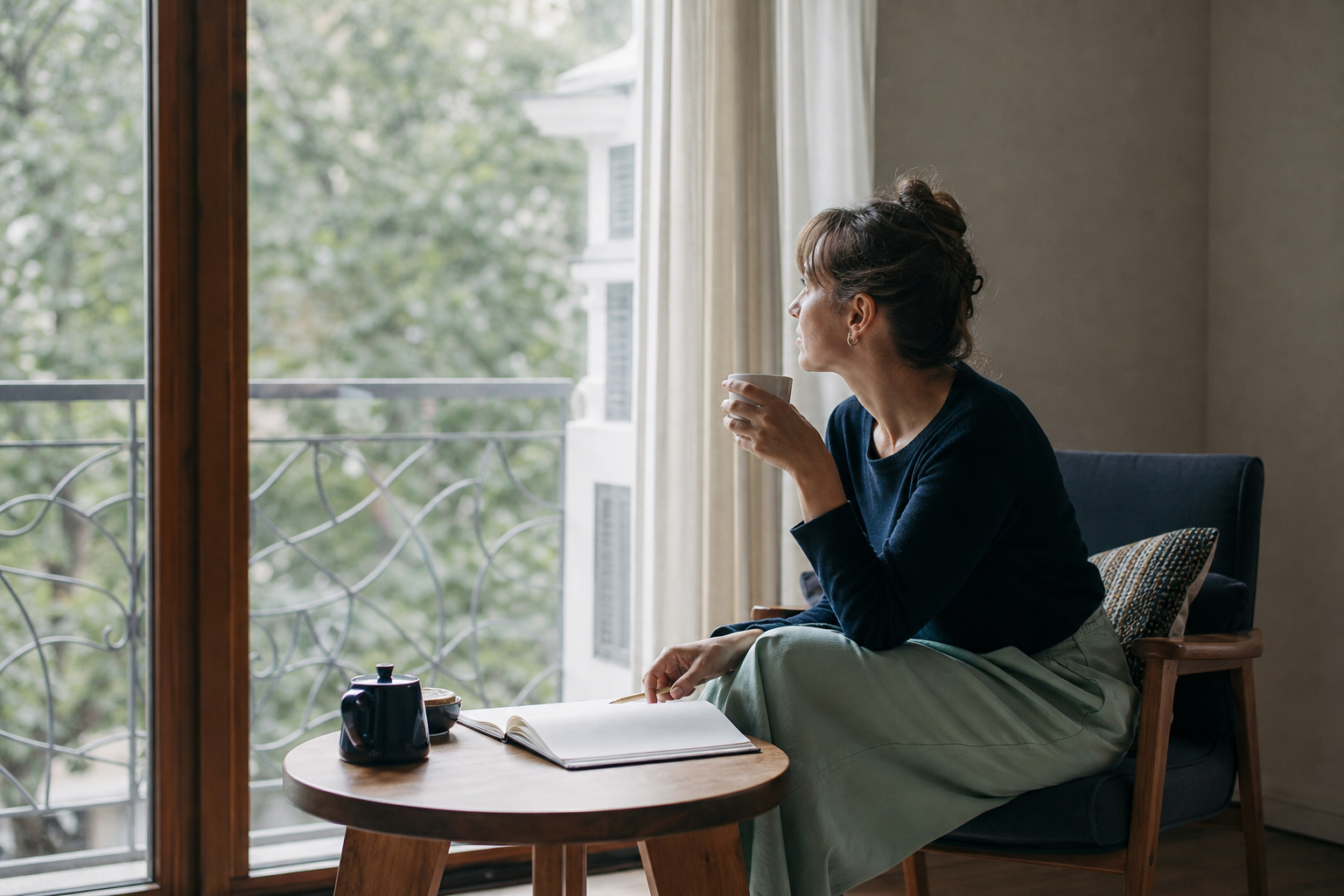 Een vrouw zit met een leeg notitieboek bij het raam en denkt na